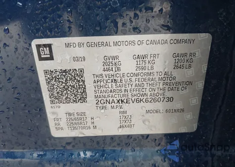 2019 Chevrolet Equinox Lt из США, поврежденный, VIN 2GNAXKEV6K6260730